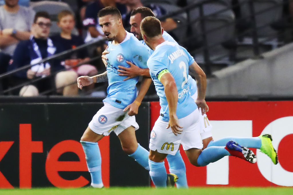 City celebrate the return to action of Jamie Maclaren for their Round 24 clash with Brisbane Roar